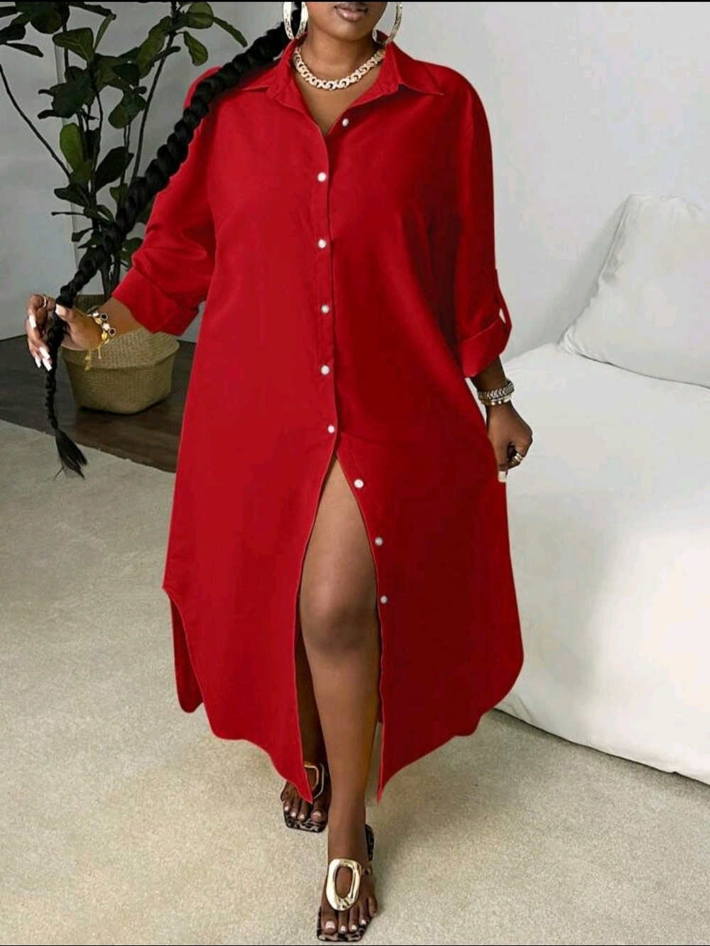 Red Button-Down Shirt Dress - Elegant Casual